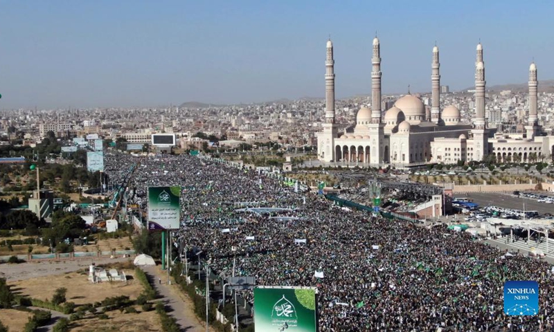 People attend a rally to celebrate the Prophet Muhammad's birthday in Sanaa, Yemen, on Oct. 18, 2021.(Photo: Xinhua)