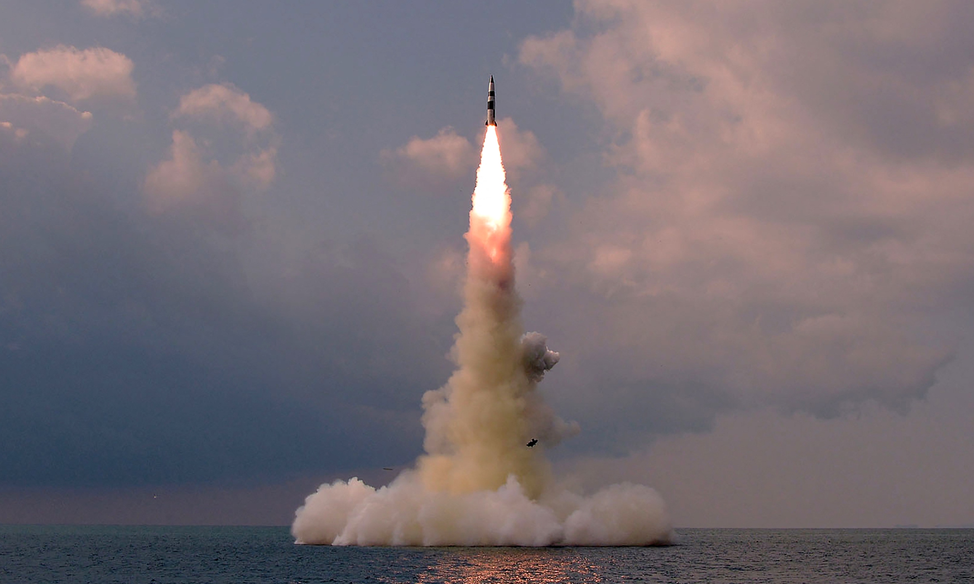 A photo released by North Korea's official Korean Central News Agency (KCNA) on Wednesday shows the test of a submarine-launched ballistic missile in an undisclosed location in North Korea. Photo: AFP