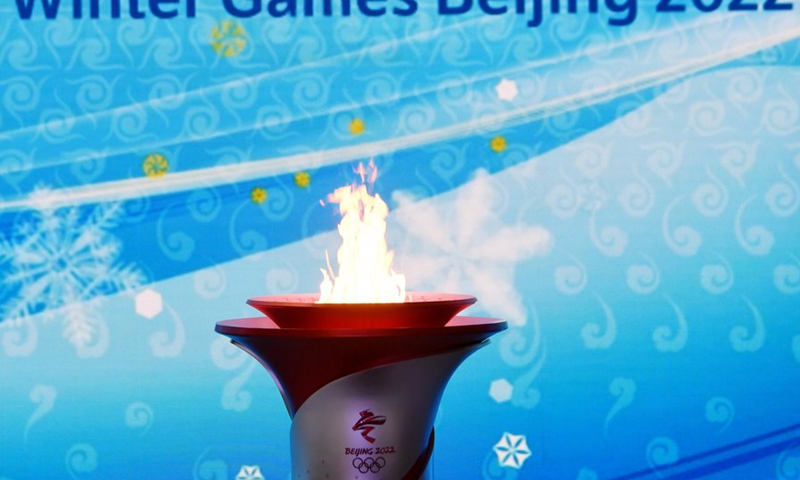 The Olympic flame for Beijing 2022 Winter Games on display during a welcoming ceremony held at the Olympic Tower in Beijing, China on Oct. 20, 2021.(Photo: Xinhua)
