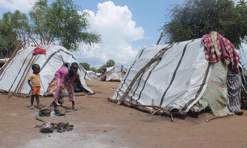 Children are seen at a temporary camp hosting flood victims in Mangalla, South Sudan, Oct. 23, 2020. (Photo: Xinhua)