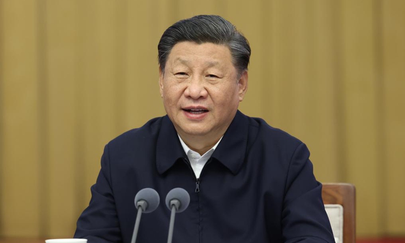 Chinese President Xi Jinping, also general secretary of the Communist Party of China Central Committee and chairman of the Central Military Commission, chairs a symposium on ecological protection and high-quality development of the Yellow River basin in Jinan, east China's Shandong Province, Oct 22, 2021.Photo:Xinhua