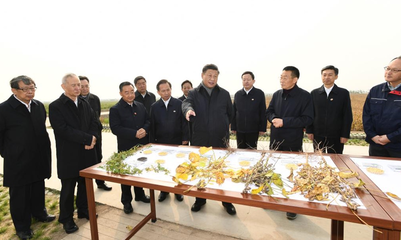 Chinese President Xi Jinping, also general secretary of the Communist Party of China Central Committee and chairman of the Central Military Commission, visits the Agricultural High-tech Industrial Demonstration Area of the Yellow River Delta in the city of Dongying, east China's Shandong Province, Oct 21, 2021. After the visit, Xi on Friday chaired a symposium on ecological protection and high-quality development of the Yellow River basin in Jinan, east China's Shandong Province.Photo:Xinhua