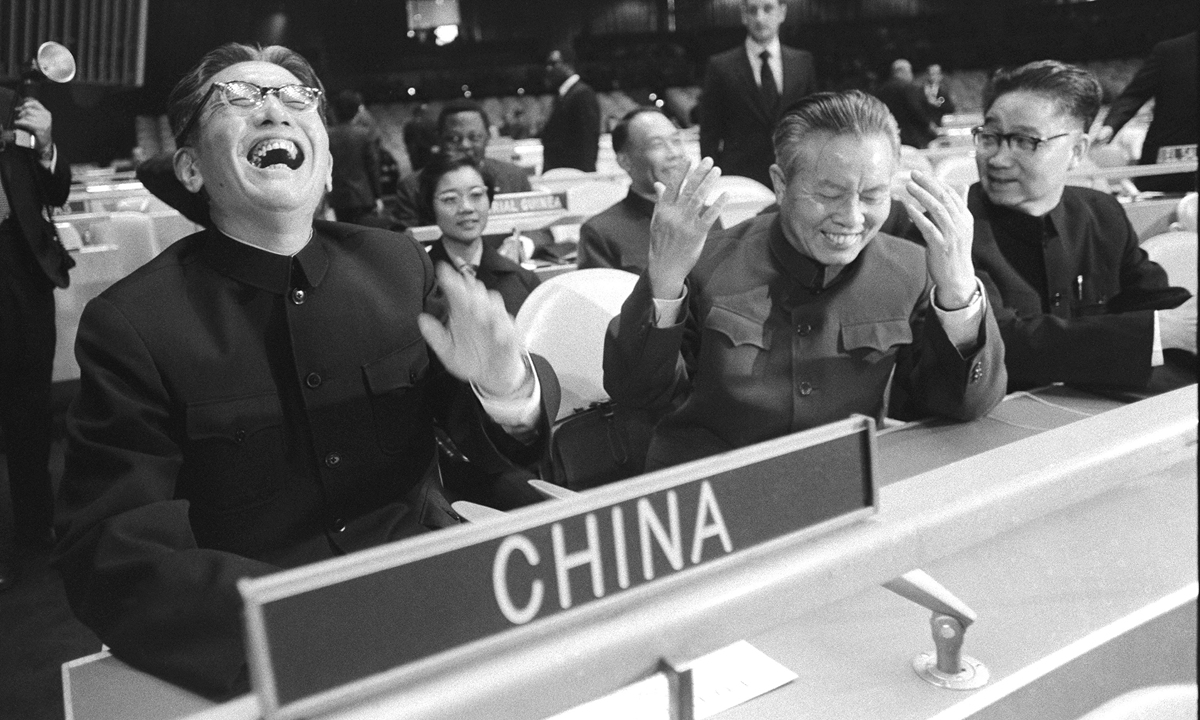 The classic photo of delegation head Qiao Guanhua's Laugh was taken at the conference hall. Tang Wensheng is in the middle behind Qiao. Photo: Courtesy of Tang