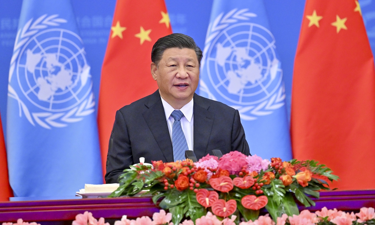 Chinese President Xi Jinping delivers an important speech at a conference held on October 25, 2021 to mark the 50th anniversary of the restoration of the lawful seat of the People’s Republic of China in the United Nations. Photo: Xinhua