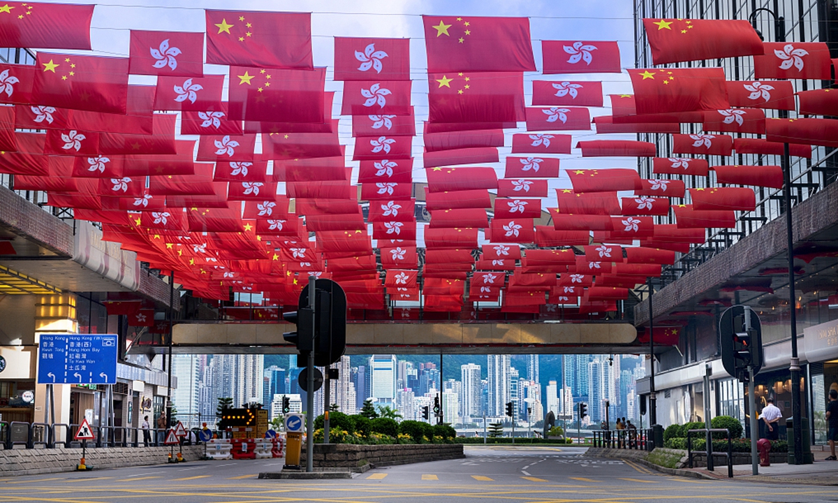 The Chinese national flags and the regional flags of the Hong Kong Special Administrative Region are seen in Hong Kong on October 1, 2021.Photo: CFP