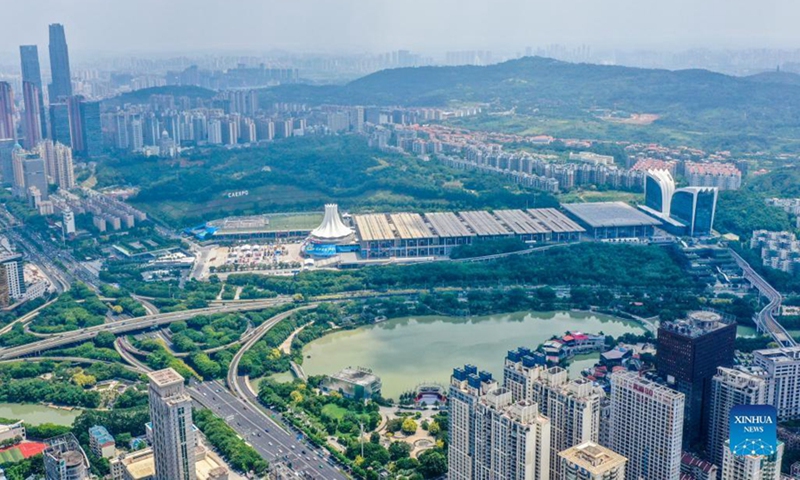 Aerial photo taken on Sept. 10, 2021 shows a view of the Nanning International Convention and Exhibition Center, the venue of the 18th China-ASEAN Expo and China-ASEAN Business and Investment Summit, and its neighboring buildings in Nanning, capital of south China's Guangxi Zhuang Autonomous Region. File photo:Xinhua
