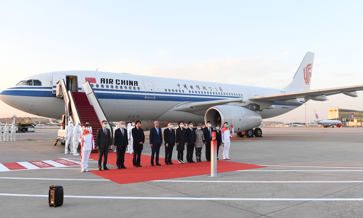 The Olympic flame, ignited for the Beijing 2022 Olympic Winter Games in Ancient Olympia in western Greece, arrived at the Beijing Capital International Airport  on October 20, 2021. Photo: Xinhua