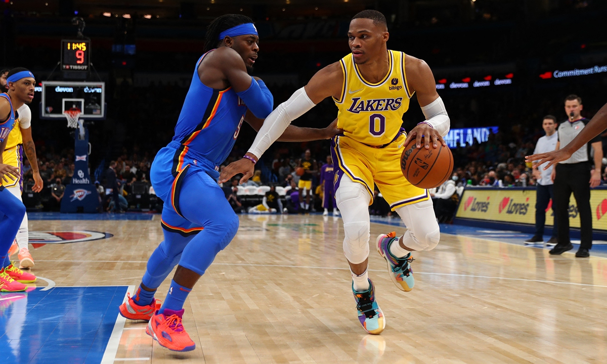 Russell Westbrook of the Los Angeles Lakers handles the ball during the game against the Oklahoma City Thunder on Wednesday in Oklahoma City, Oklahoma. Photo: AFP