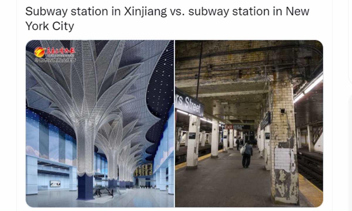 Comparison of a subway station in Northwest China's Xinjiang Uygur Autonomous Region and one in New York City  Photo: screenshot of Twitter