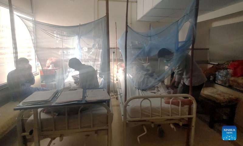 Patients affected with dengue fever are treated inside mosquito nets at a hospital in Islamabad, capital of Pakistan, Oct. 28, 2021. The Pakistani capital Islamabad has been facing a continuous rise in dengue fever cases with 123 more patients reported during the past 24 hours, the health authorities said Thursday.Photo:Xinhua