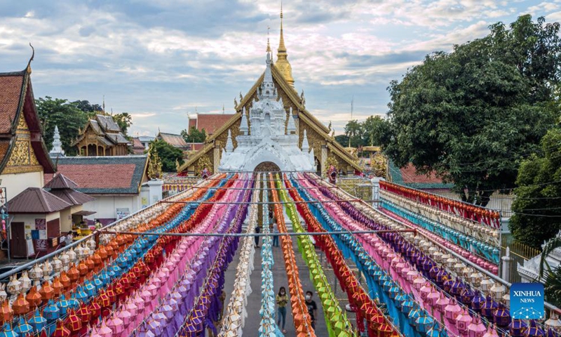 Aerial photo taken on Oct. 25, 2021 shows the colorful lanterns at the Wat Phra That Hariphunchai in Lamphun, Thailand.Photo:Xinhua