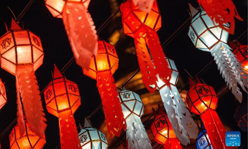 Colorful lanterns are seen at the Wat Phra That Hariphunchai in Lamphun, Thailand, Oct. 25, 2021. Lamphun Province of Thailand held a grand lantern festival at the Wat Phra That Hariphunchai, attracting tourists to hang lanterns and make wishes.Photo:Xinhua