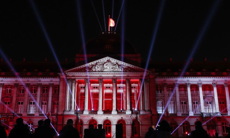 People watch a sound and light show at the Royal Palace in Brussels, Belgium, on Oct. 28, 2021. The ten-day event Bright Brussels, the festival of lights in Brussels, started on Thursday.Photo:Xinhua