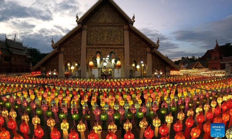 Colorful lanterns are seen at the Wat Phra That Hariphunchai in Lamphun, Thailand, Oct. 25, 2021.Photo:Xinhua