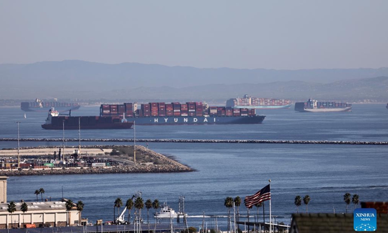 Container ships are seen waiting outside the port of Los Angeles, California, the United States, Oct. 29, 2021.Photo:Xinhua