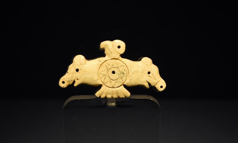 Photo taken on Oct. 30, 2021 shows a jadeware excavated at Liangjiatan relics site, at Anhui Museum in Hefei, east China's Anhui Province.Photo:Xinhua