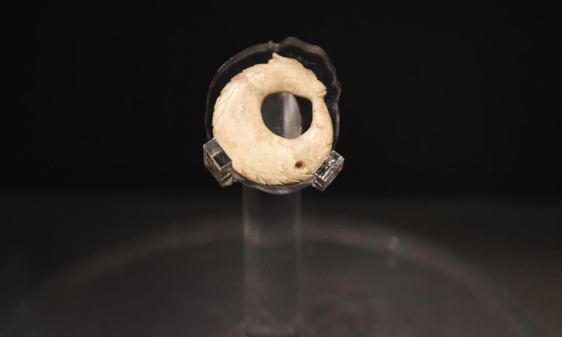 Photo taken on Oct. 29, 2021 shows a jadeware excavated at Liangjiatan relics site, at Hanshan Museum in Hanshan County, east China's Anhui Province.Photo:Xinhua