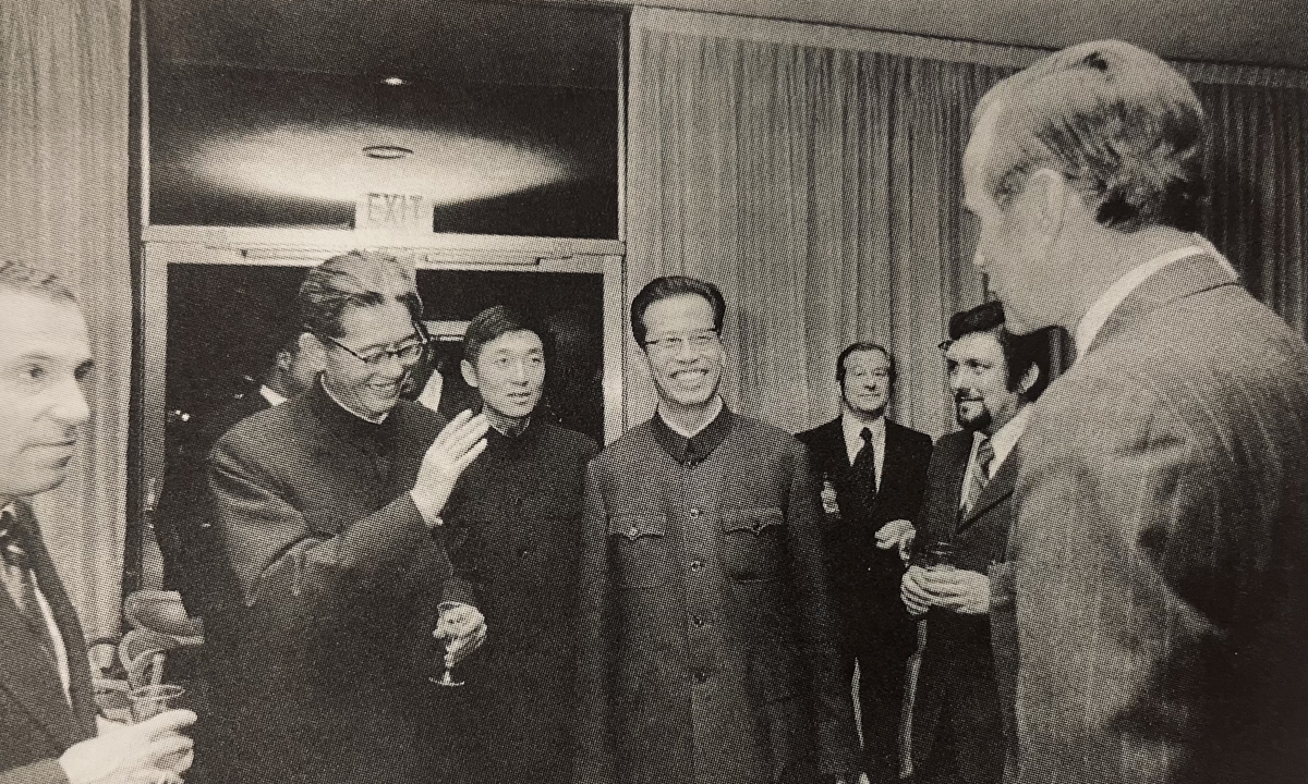 In November 1971, the Chinese delegation including Qiao Guanhua (second from left) and Zhou Nan (middle) held talks with George H.W. Bush, then US representative in the UN. Photo: Courtesy of Zhou Nan