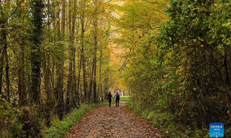Tourists walk in the nature reserve of Park Furfooz in Dinant, Walloon Region, Belgium, Oct. 31, 2021.Photo:Xinhua