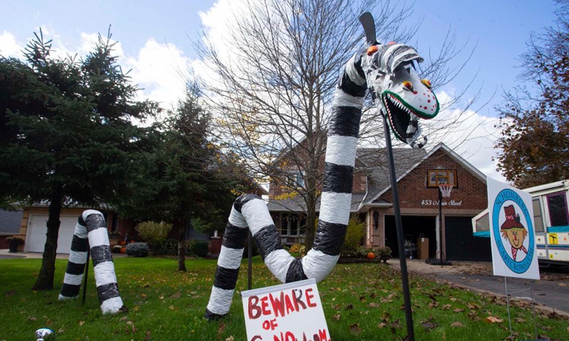 A sandworm scarecrow is seen in Schomberg, Ontario, Canada, on Oct. 31, 2021.Photo:Xinhua