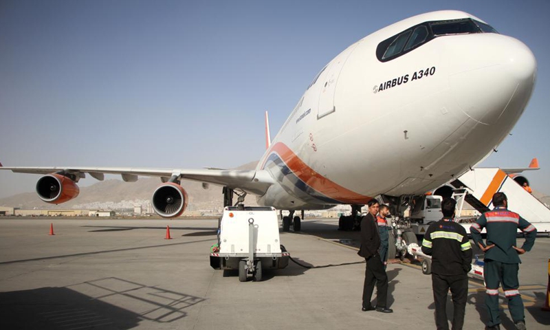 Photo taken on Oct. 31, 2021 shows a cargo plane during a ceremony of resuming the export of pine nuts to China, at Kabul International Airport in Kabul, Afghanistan. Afghanistan on Sunday resumed export of pine nuts to China, a Taliban spokesman confirmed.Photo:Xinhua