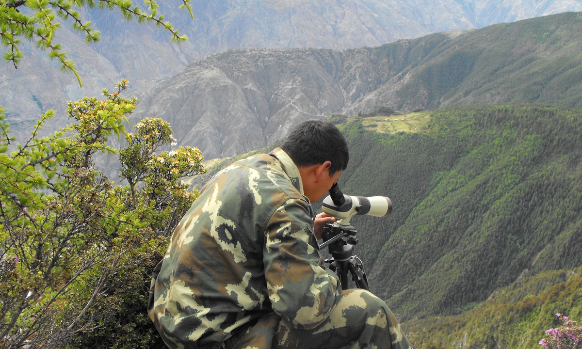Zhong Tai, former deputy director at the management and protection bureau of Baima Snow Mountain National Nature Reserve in Yunnan, is communicating with collagues during a patrol in the wild. Photo: Courtesy of Baima Snow Mountain National Nature Reserve