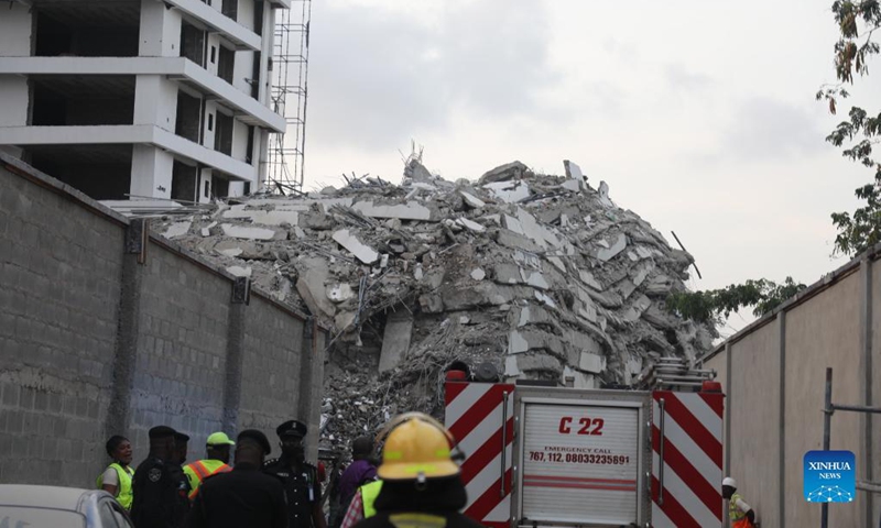 Rescuers work at the site of a building collapse in Lagos, Nigeria, on Nov. 1, 2021. At least four people were killed after a 21-storey building under construction collapsed Monday afternoon in the city of Lagos, Nigeria's economic hub, an emergency management official said.(Photo: Xinhua)