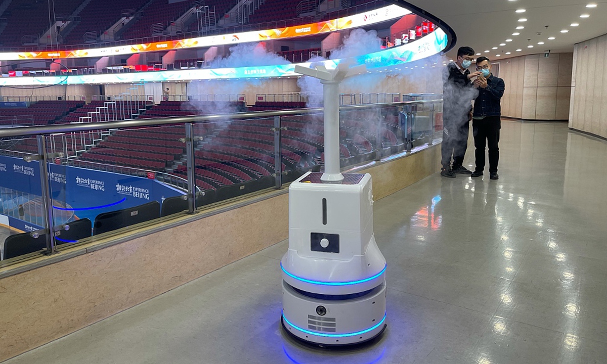 The photo taken on October 26, 2021 shows the disinfection robot in Wukesong Stadium. Photo: VCG