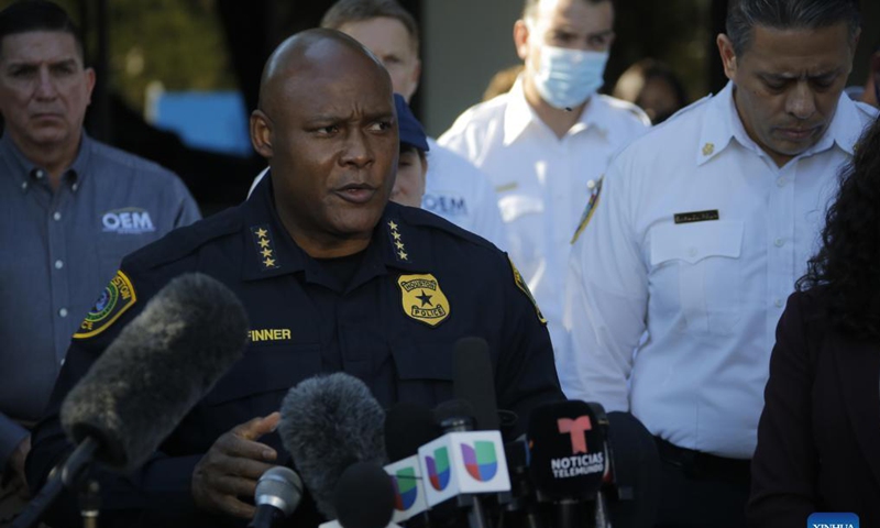 Houston Police Chief Troy Finner speaks during a press conference at the Wyndham Hotel in Houston, Texas, the United States, Nov. 6, 2021. The investigation into the stampede leaving eight people dead and many others injured Friday night at the Astroworld Festival in Houston was underway, Houston Mayor Sylvester Turner said Saturday afternoon. Photo: Xinhua