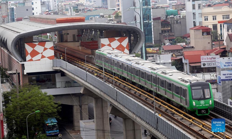 Photo taken on Nov. 6, 2021 shows a train running on Cat Linh-Ha Dong metro line in Hanoi, Vietnam. Authorities of the Vietnamese capital Hanoi inaugurated the China-built Cat Linh-Ha Dong metro line project on Saturday, making it the first metro line in the country to start commercial operation. Photo: Xinhua