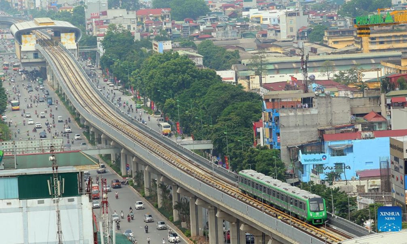 Photo taken on Nov. 6, 2021 shows a train running on Cat Linh-Ha Dong metro line in Hanoi, Vietnam. Authorities of the Vietnamese capital Hanoi inaugurated the China-built Cat Linh-Ha Dong metro line project on Saturday, making it the first metro line in the country to start commercial operation. Photo: Xinhua