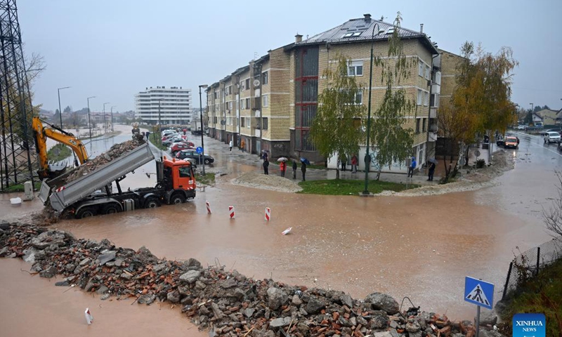 Photo shows a flooded area in settlement Otes, Sarajevo, Bosnia and Herzegovina, Nov. 6, 2021. Heavy rains hit Bosnia and Herzegovina on Friday, causing rivers to overflow their banks and flood several Sarajevo settlements. Photo: Xinhua