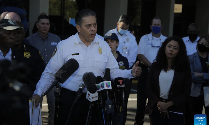 Houston Fire Department Chief Samuel Pena speaks during a press conference at the Wyndham Hotel in Houston, Texas, the United States, Nov. 6, 2021. The investigation into the stampede leaving eight people dead and many others injured Friday night at the Astroworld Festival in Houston was underway, Houston Mayor Sylvester Turner said Saturday afternoon. Photo: Xinhua