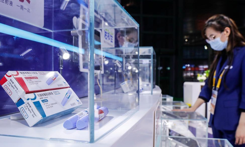 Photo taken on Nov. 7, 2021 show new anti-diabetes injections at the booth of Novo Nordisk at the Medical Equipment and Healthcare Products Exhibition Area of the 4th China International Import Expo (CIIE) in east China's Shanghai.Photo:Xinhua