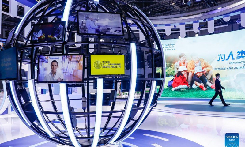 Photo taken on Nov. 7, 2021 shows the booth of Boehringer Ingelheim at the Medical Equipment and Healthcare Products Exhibition Area of the 4th China International Import Expo (CIIE) in east China's Shanghai.Photo:Xinhua