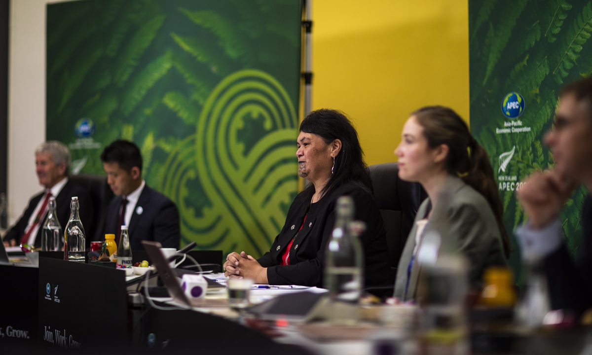 New Zealand Foreign Affairs Minister Nanaia Mahuta (center) attends the APEC Ministerial Meeting (AMM) media conference as AMM Co-Chair in Wellington, New Zealand on November 10, 2021. Photo: Papers