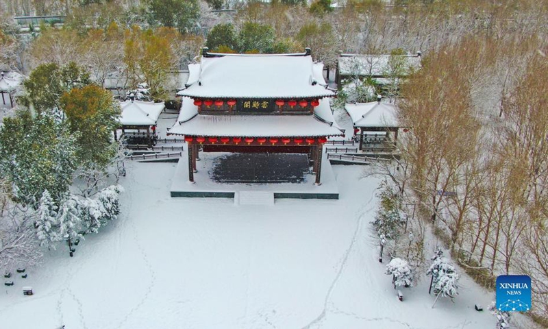 Aerial photo taken on Nov. 9, 2021 shows the snow scenery of Shenshuiwan Park at the bank of Hunhe River in Shenyang, northeast China's Liaoning Province.Photo: Xinhua
