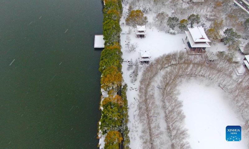 Aerial photo taken on Nov. 9, 2021 shows the snow scenery of Shenshuiwan Park at the bank of Hunhe River in Shenyang, northeast China's Liaoning Province.Photo: Xinhua