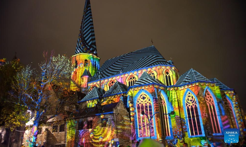 Photo taken on Nov 11, 2021 shows a light work at the Ghent Light Festival 2021 in Ghent, Belgium. From Nov. 10 to 14, over 30 works by international light artists are offered to the public at the Ghent Light Festival 2021, which is held every three years. Photo:Xinhua