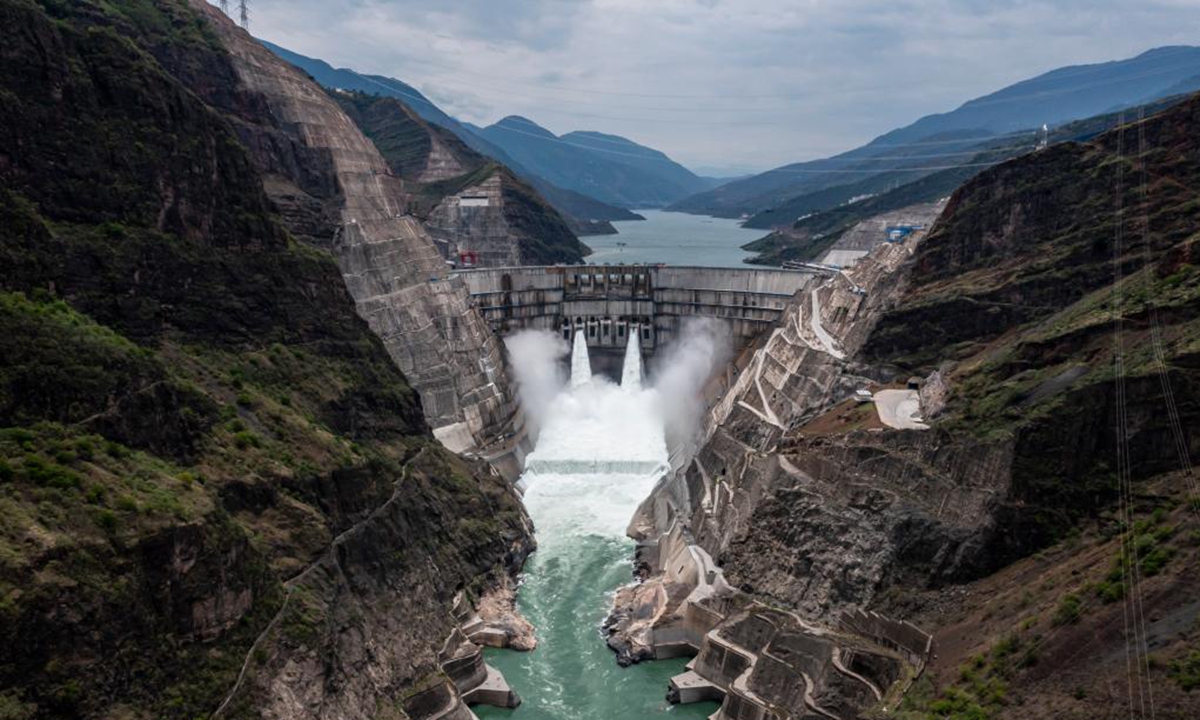 Aerial photo taken on June 27, 2021 shows Baihetan hydropower station in southwest China. Baihetan hydropower station, the world's second largest in terms of total installed capacity, was officially put into use in southwest China, with two generating units in operation on June 28. Photo: Xinhua