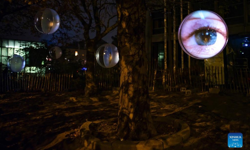 Photo taken on Nov 11, 2021 shows a light work at the Ghent Light Festival 2021 in Ghent, Belgium. From Nov 10 to 14, over 30 works by international light artists are offered to the public at the Ghent Light Festival 2021, which is held every three years.Photo:Xinhua