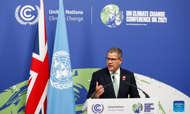 COP26 President Alok Sharma speaks at a press conference after the closing plenary of the 26th session of the Conference of the Parties (COP26) to the United Nations Framework Convention on Climate Change in Glasgow, the United Kingdom, Nov. 13, 2021. Photo: Xinhua 