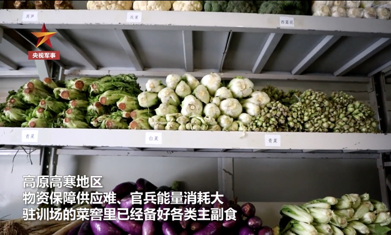 Fresh vegetables stored in a cellar at the plateau adaptation training base in Northwest China's Xinjiang Uygur Autonomous Region Photo: Screenshot from CCTV