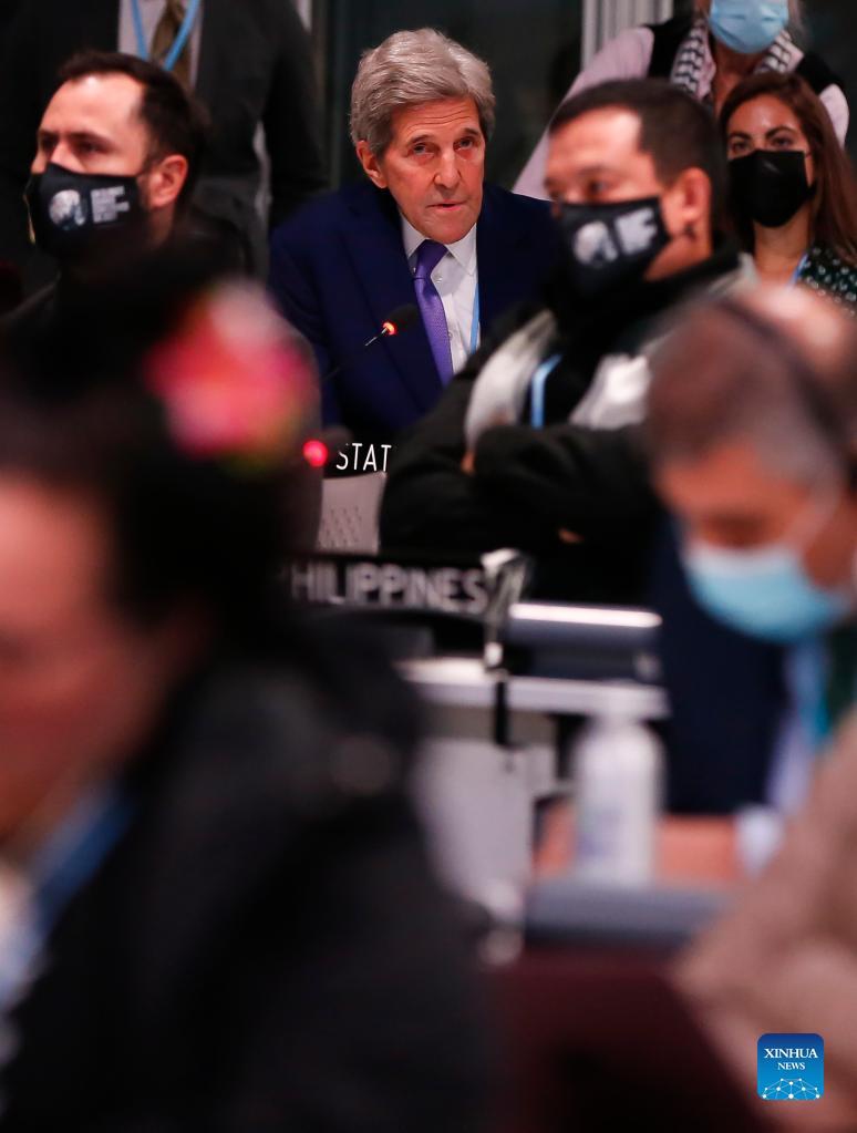 US Special Presidential Envoy for Climate John Kerry(C) speaks during the 26th session of the Conference of the Parties (COP26) to the United Nations Framework Convention on Climate Change in Glasgow, the United Kingdom, Nov. 13, 2021. Photo: Xinhua 