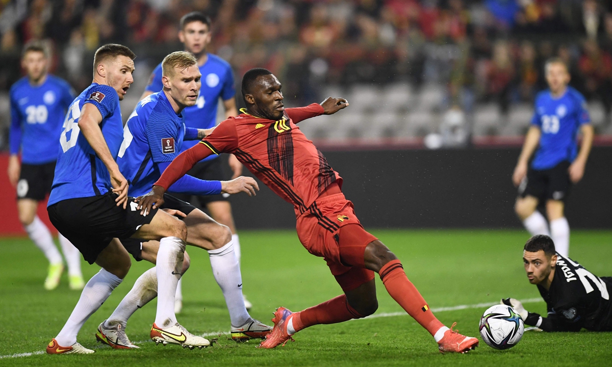 Belgium's Christian Benteke scores a goal against Estonia on Saturday in Brussels, Belgium. Photo: VCG