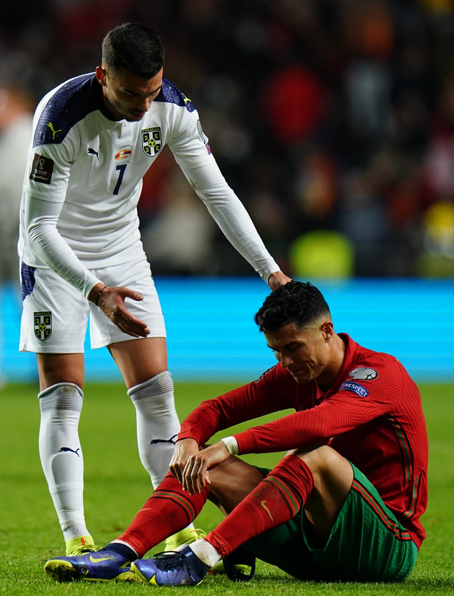 Cristiano Ronaldo (right) of Portugal reacts after losing to Serbia on Sunday in Lisbon, Portugal. Photo: VCG