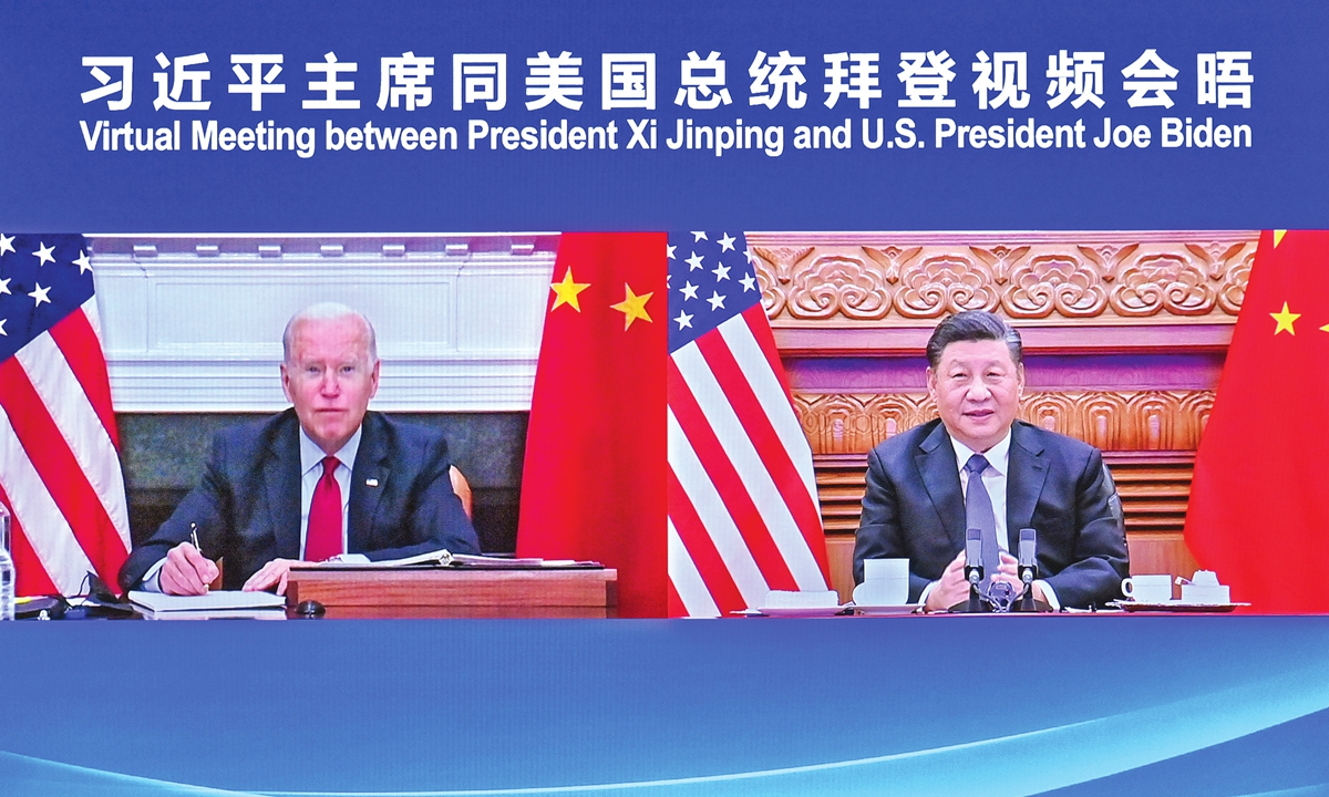 Chinese President Xi Jinping meets with US President Joe Biden via video link, in Beijing, capital of China, on November 16, 2021. Photo: Xinhua