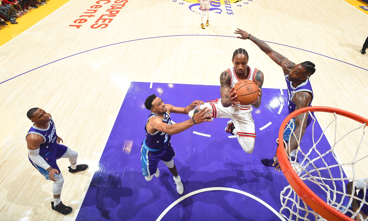 DeMar DeRozan of the Chicago Bulls shoots the ball against the Los Angeles Lakers on Monday in Los Angeles. Photo: VCG