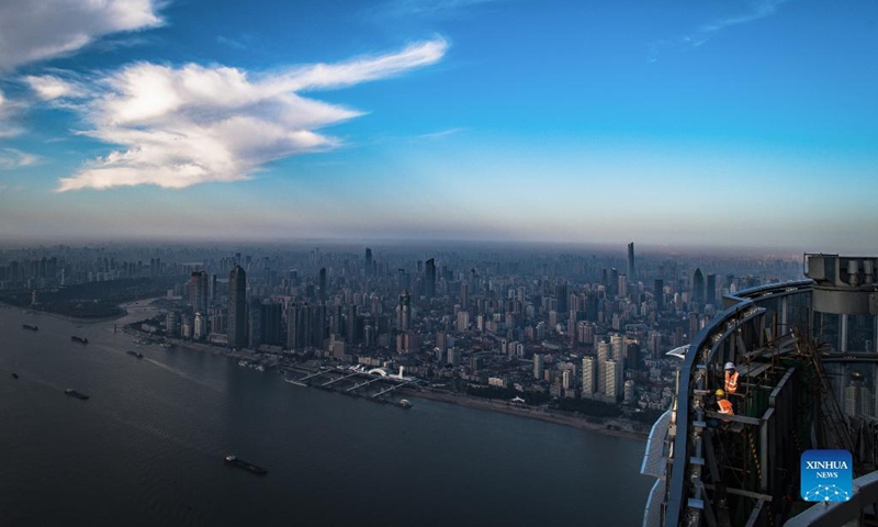 Photo taken on Nov. 15, 2021 shows the construction site of Greenland Center in Wuhan, central China's Hubei Province. Construction on Wuhan Greenland Center, a skyscraper project, has come to the final stage. Photo: Xinhua 