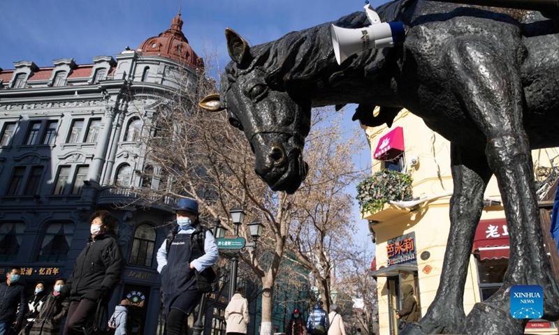 People wearing face masks walk on the street in Harbin, northeast China's Heilongjiang Province, Nov. 18, 2021. Harbin terminated its emergency responses to COVID-19 on Thursday and started advancing the full restoration of the normal economic and social order after the recent resurgence of COVID-19 has been subdued. Photo: Xinhua
